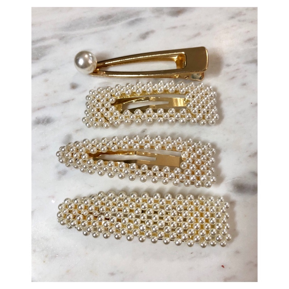 4 Piece Pearl Gold Hair Barrette - Picture 4 of 7
